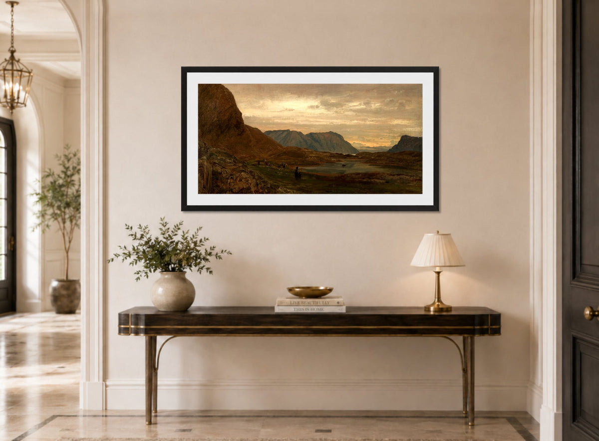 Amaldus Nielsen Print, Stavenes, Søndfjord (1866) displayed above a console table