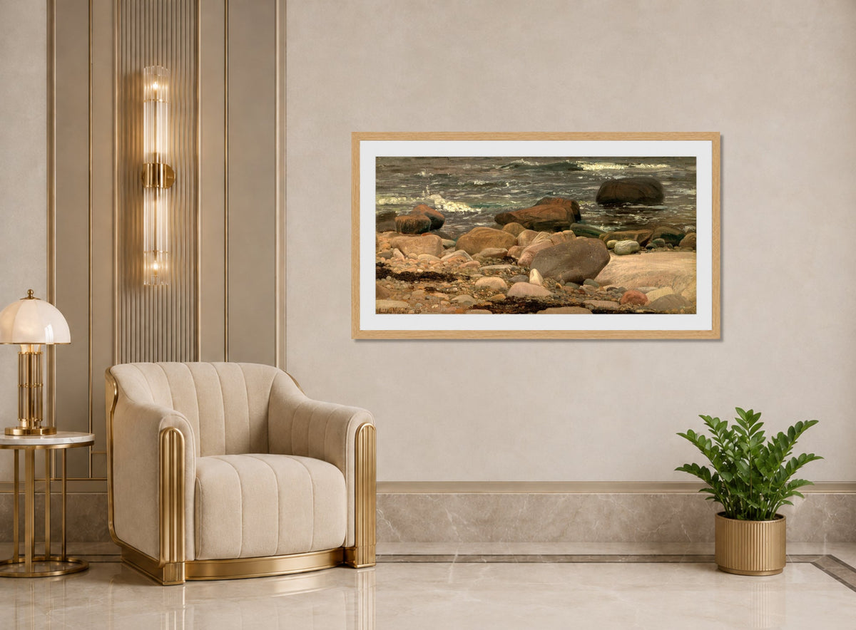 Amaldus Nielsen Print, Stenstudie, Hvaler (1872) displayed in an Art Deco interior