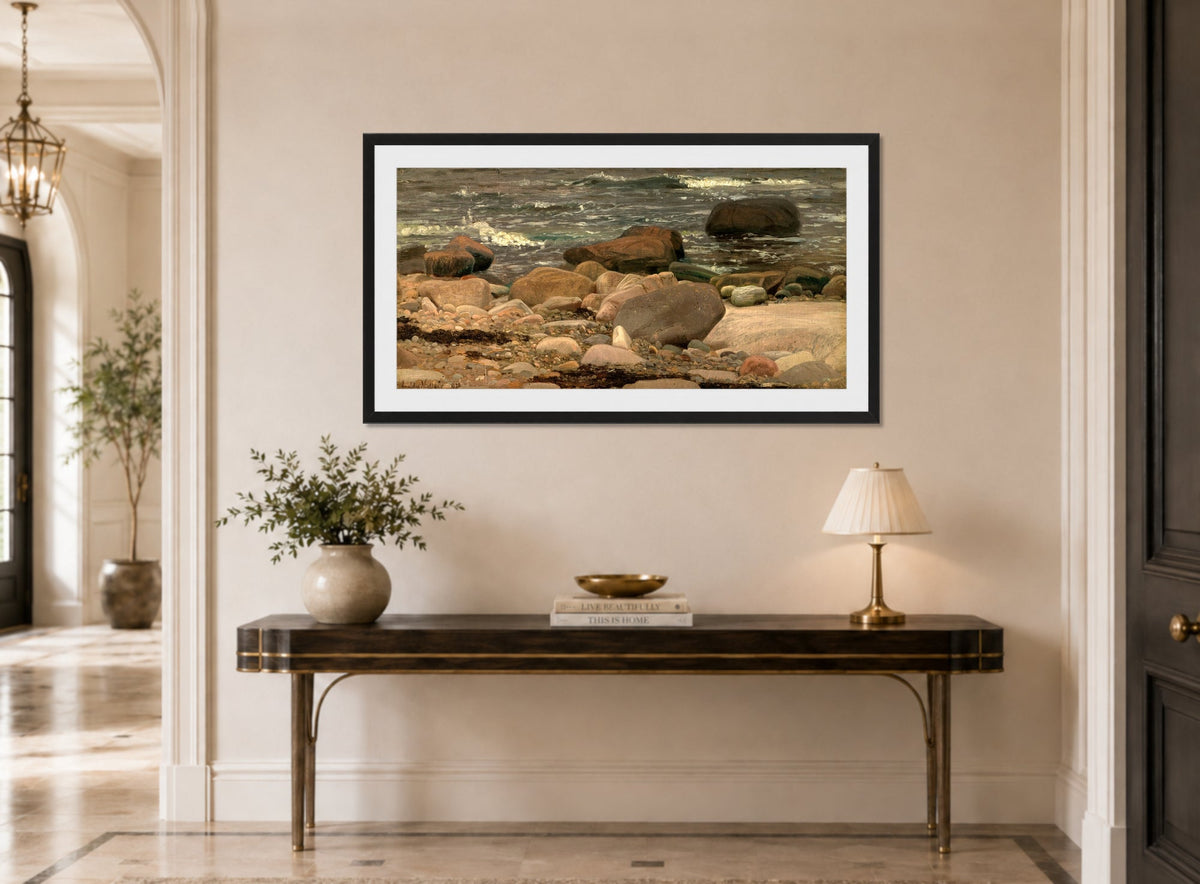 Amaldus Nielsen Print, Stenstudie, Hvaler (1872) displayed above a console table