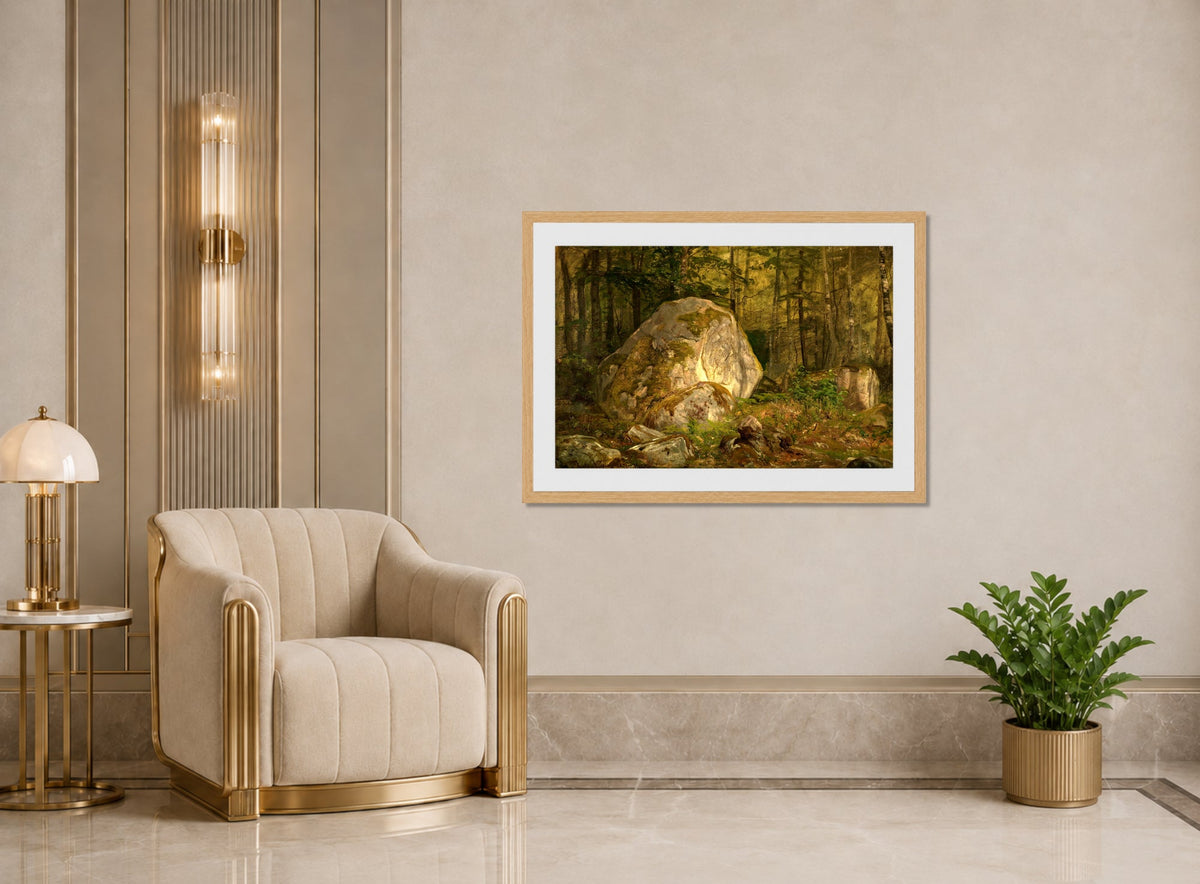Amaldus Nielsen Print, Stenstudie, Ulvegjeldsheien (1872) displayed in an Art Deco interior