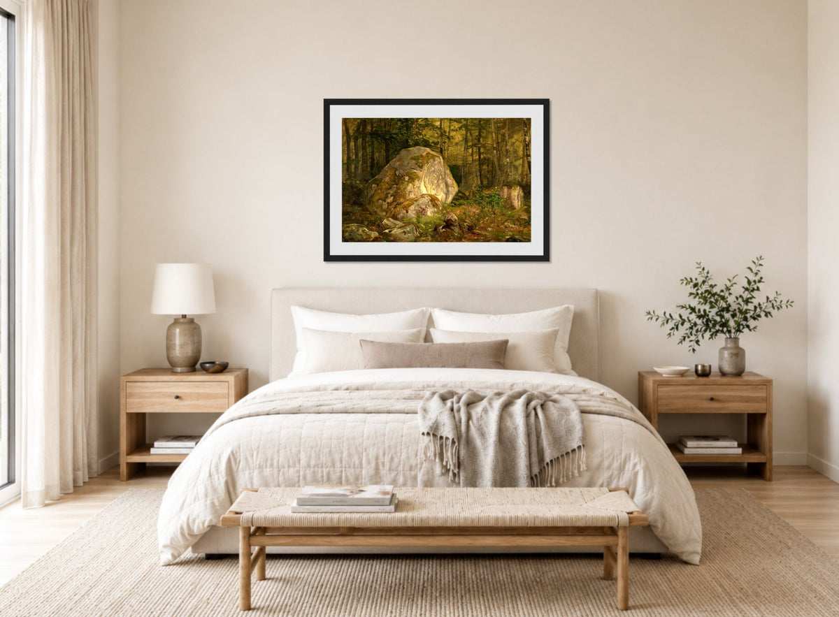Amaldus Nielsen Print, Stenstudie, Ulvegjeldsheien (1872) displayed above a bed