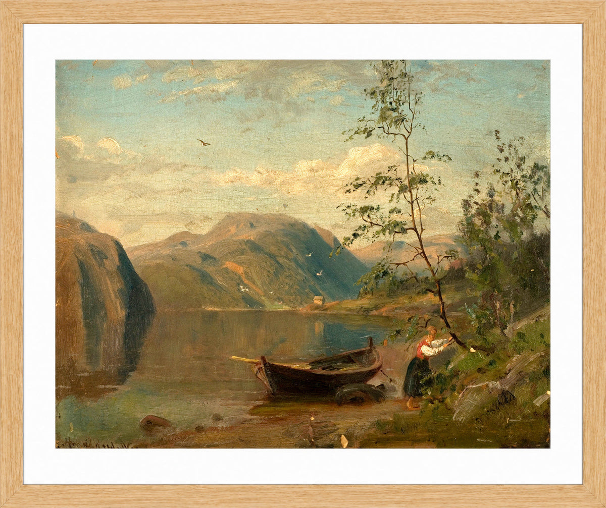Amaldus Nielsen Print, Strandparti, Hardanger (1870) in a light oak frame