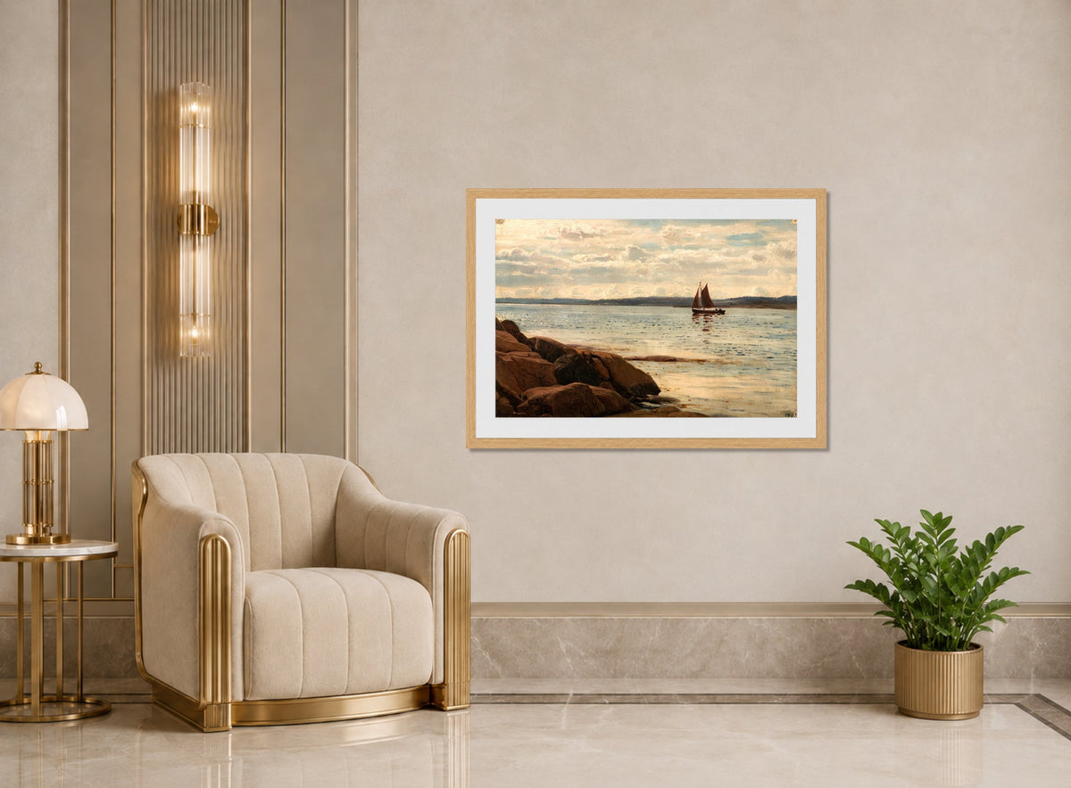 Amaldus Nielsen Print, Strandparti, Hvaler (1896) displayed in an Art Deco interior