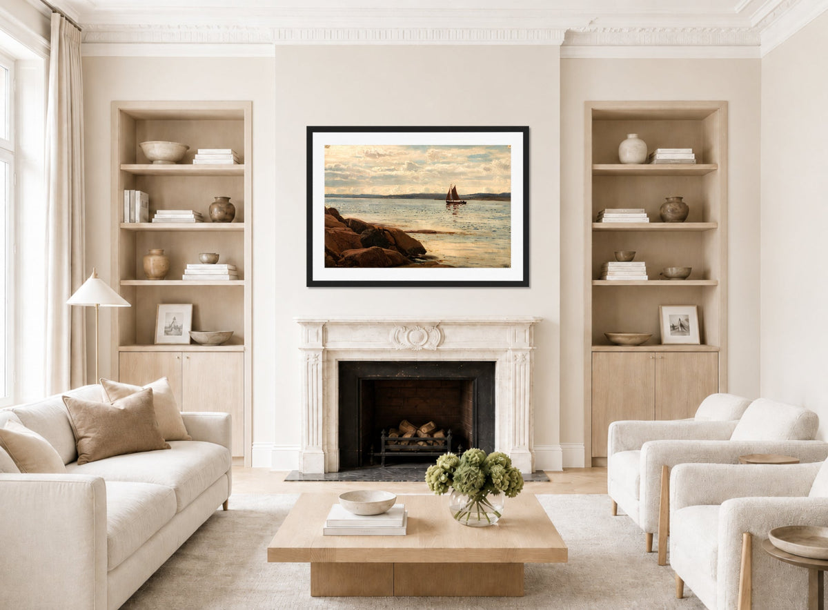 Amaldus Nielsen Print, Strandparti, Hvaler (1896) displayed in a Scandinavian living room
