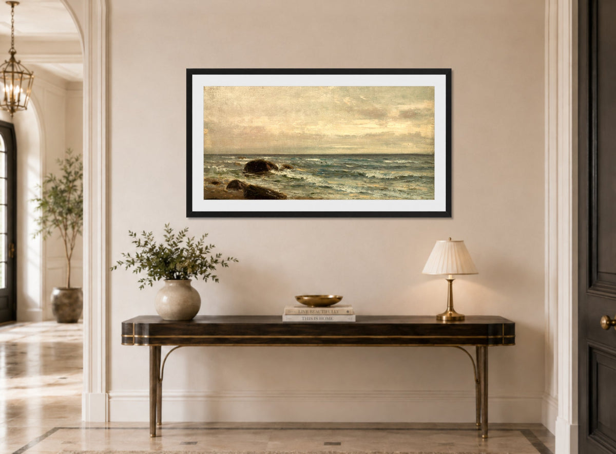 Amaldus Nielsen Print, Strandparti, Jæren (1889) displayed above a console table