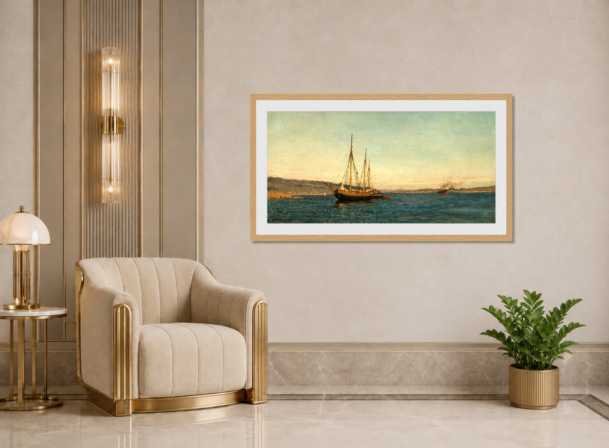 Amaldus Nielsen Print, Svenske fiskere, Hvaler (1898) displayed in an Art Deco interior