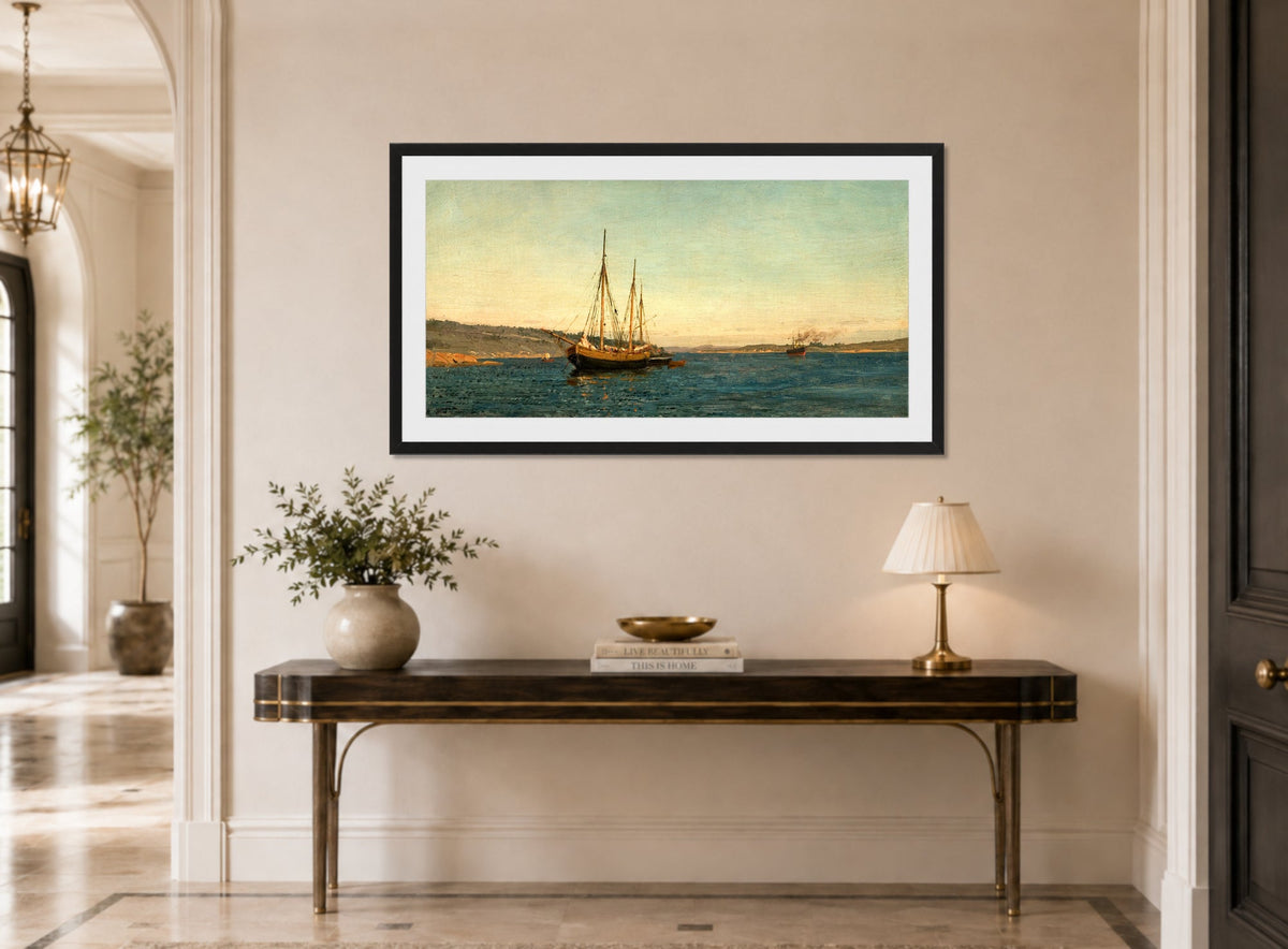 Amaldus Nielsen Print, Svenske fiskere, Hvaler (1898) displayed above a console table