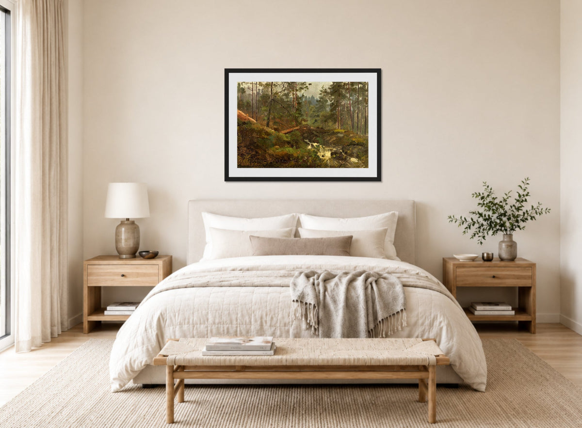 Amaldus Nielsen Print, Svinestad, Mandal (1859) displayed above a bed