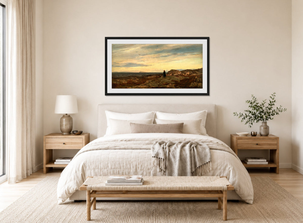 Amaldus Nielsen Print, Syd-syd-vest, Hvaler (1873) displayed above a bed