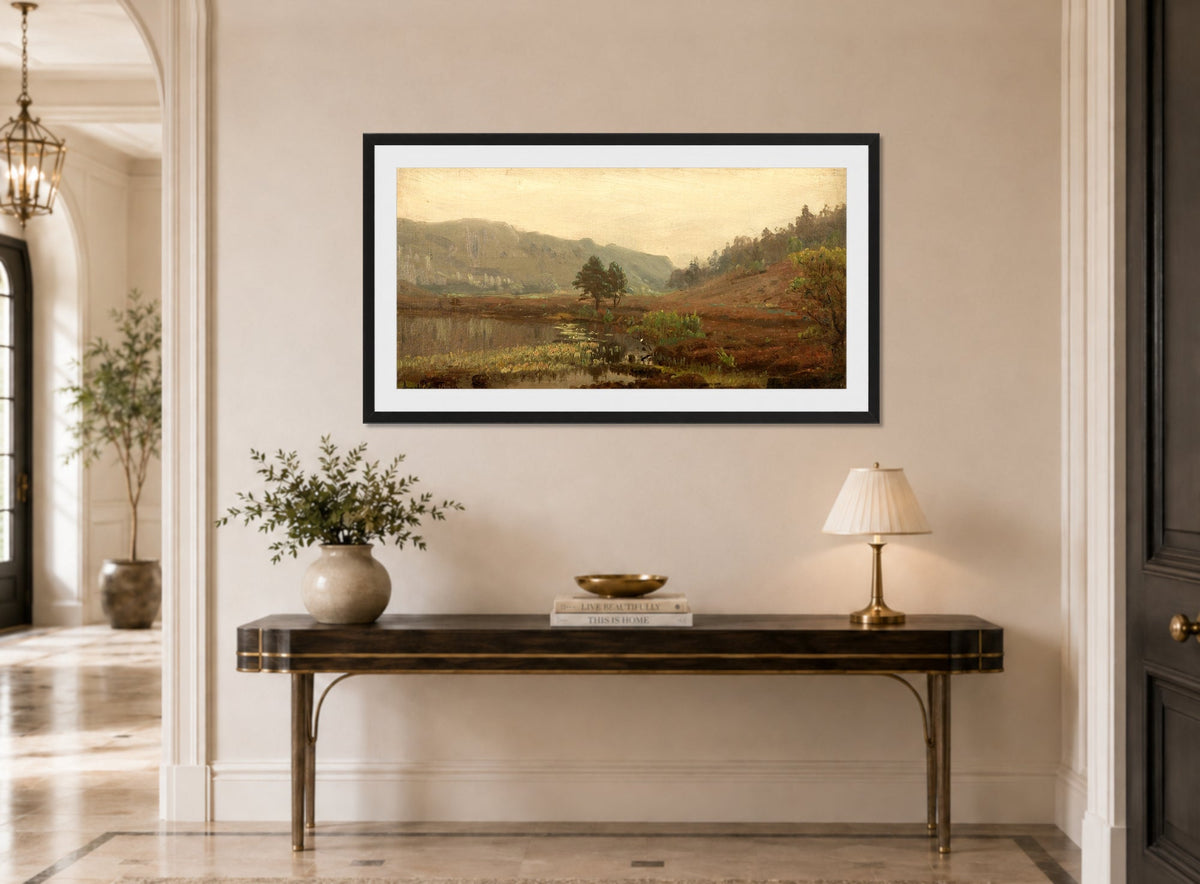 Amaldus Nielsen Print, Tåkestemning displayed above a console table