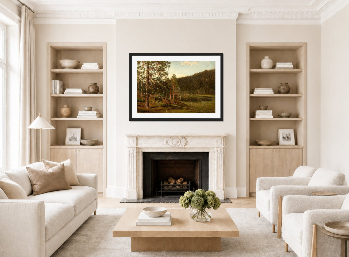Amaldus Nielsen Print, Tjern, Levanger (1871) displayed in a Scandinavian living room