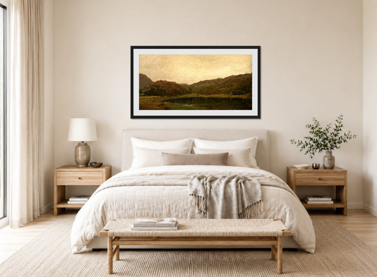 Amaldus Nielsen Print, Tjern ved Rølland, Mandal (1873) displayed above a bed