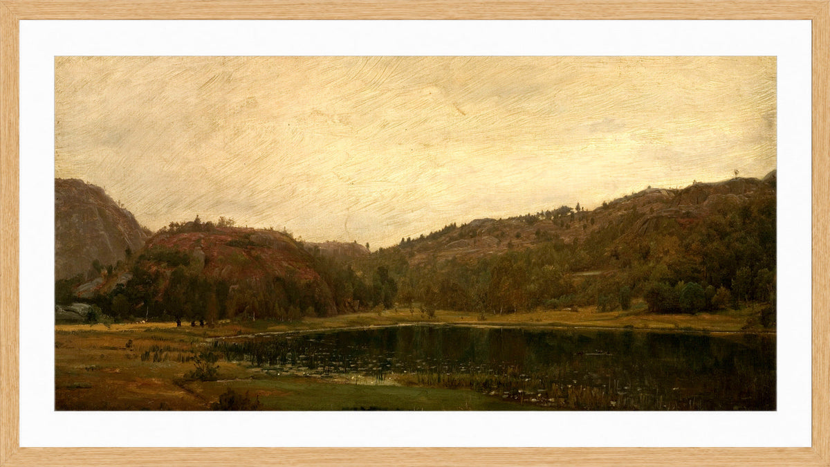 Amaldus Nielsen Print, Tjern ved Rølland, Mandal (1873) in a light oak frame