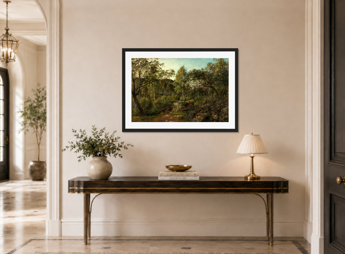 Amaldus Nielsen Print, ‘Ulvegildeskogen’, Mandal (1863) displayed above a console table