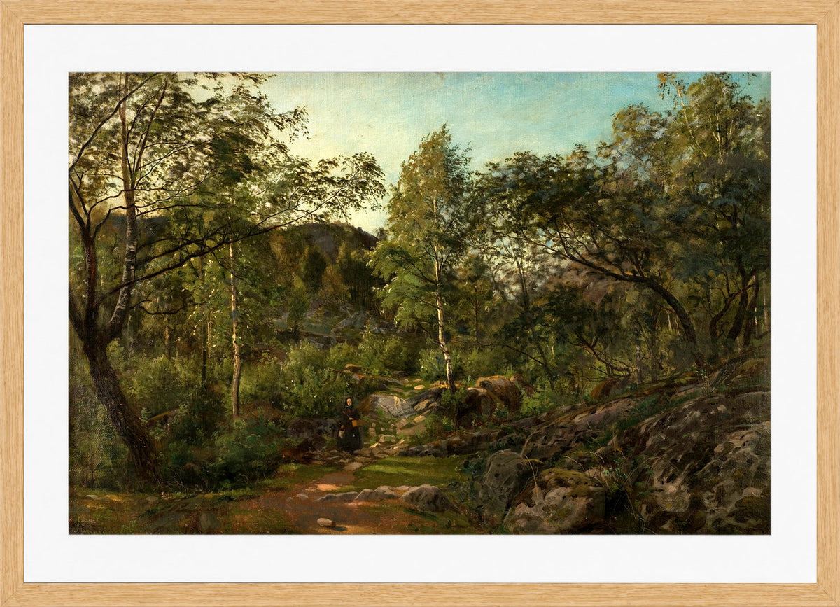 Amaldus Nielsen Print, ‘Ulvegildeskogen’, Mandal (1863) in a light oak frame