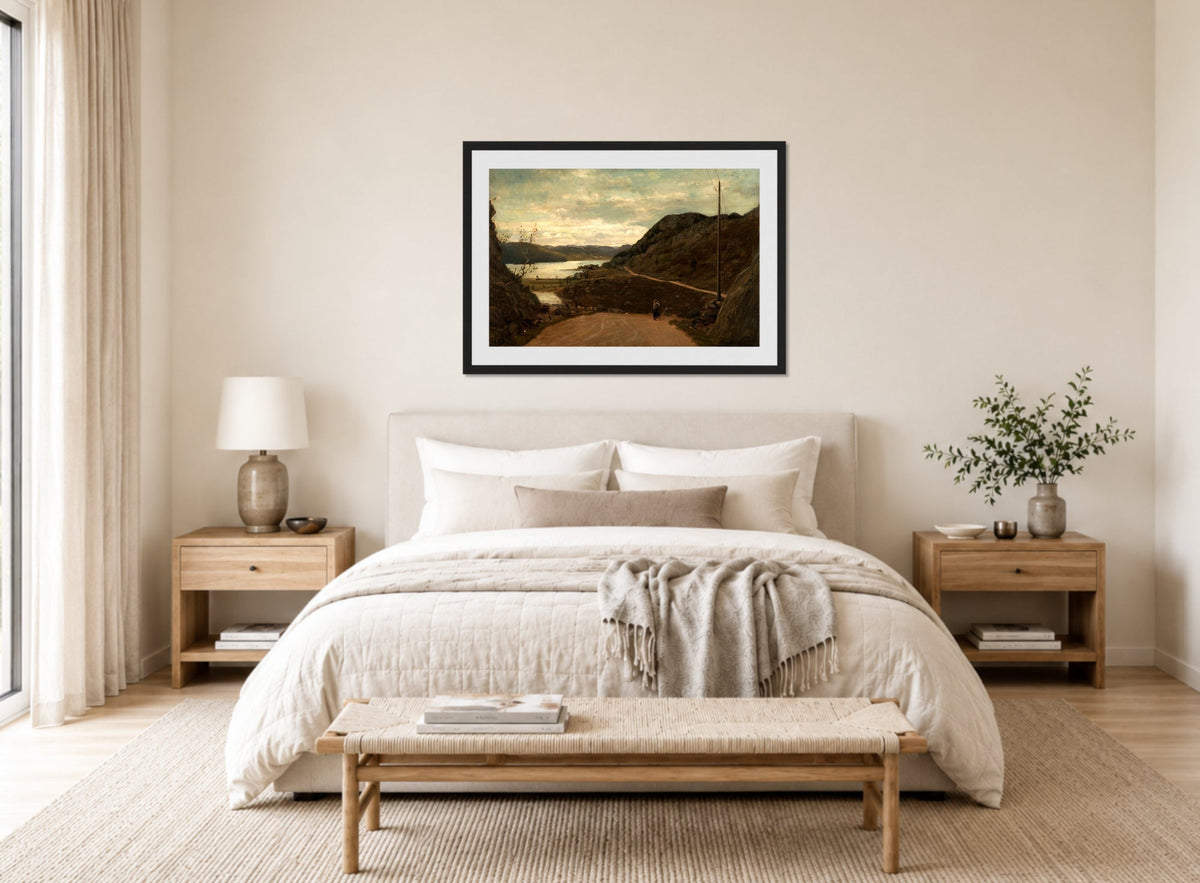 Amaldus Nielsen Print, Ulvegjelsbakken, Mandal (1863) displayed above a bed