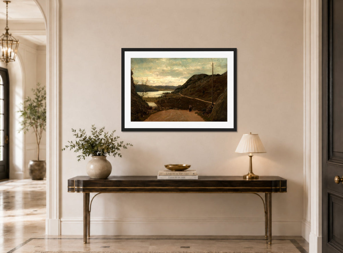 Amaldus Nielsen Print, Ulvegjelsbakken, Mandal (1863) displayed above a console table