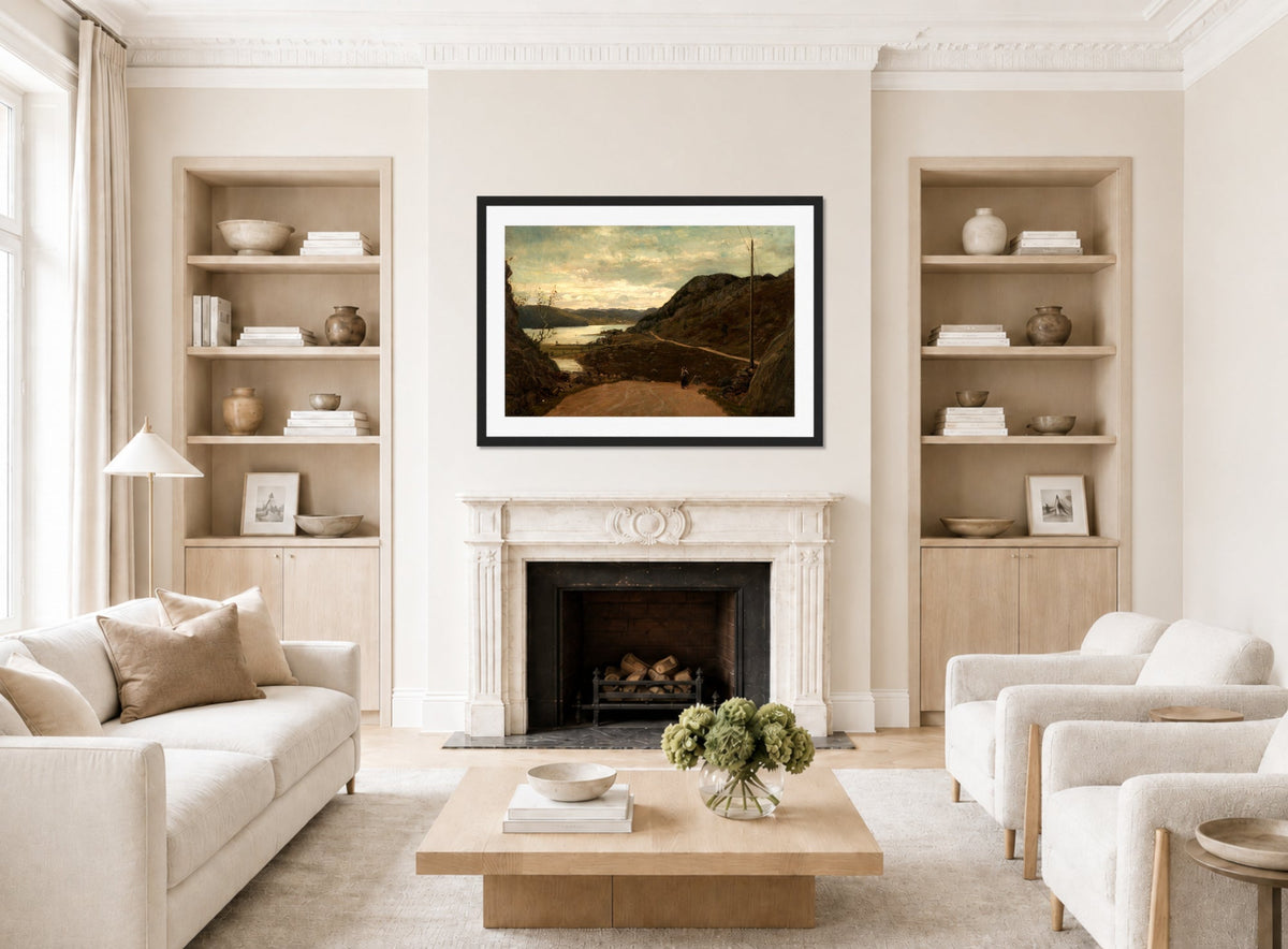 Amaldus Nielsen Print, Ulvegjelsbakken, Mandal (1863) displayed in a Scandinavian living room