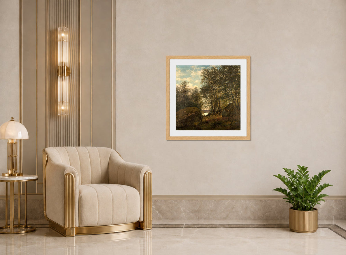 Amaldus Nielsen Print, Ulvegjelskogen, Mandal (1863) displayed in an Art Deco interior