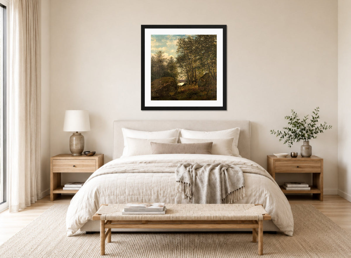 Amaldus Nielsen Print, Ulvegjelskogen, Mandal (1863) displayed above a bed