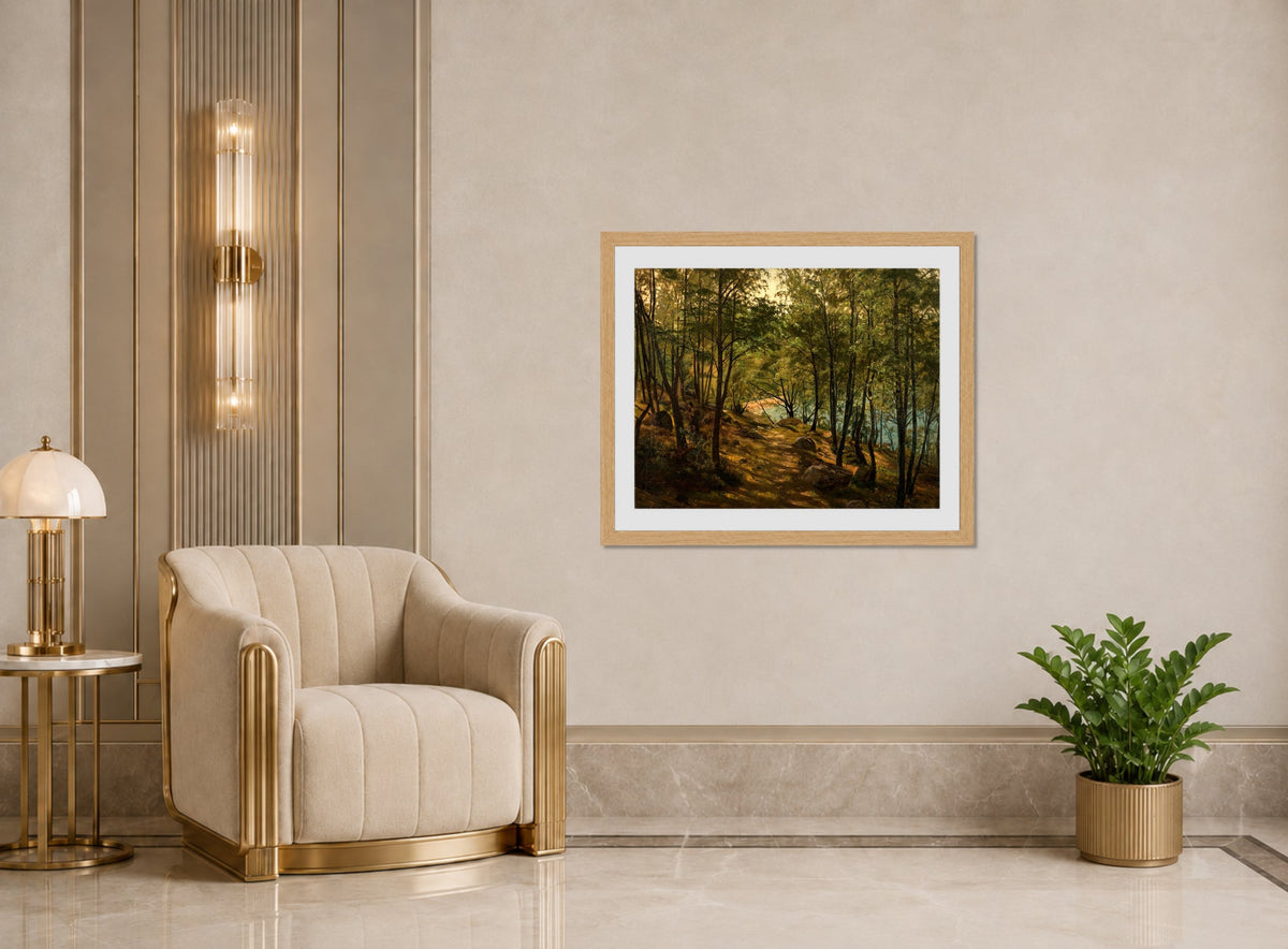 Amaldus Nielsen Print, Ulvegjelskogen, Mandal (1863) displayed in an Art Deco interior