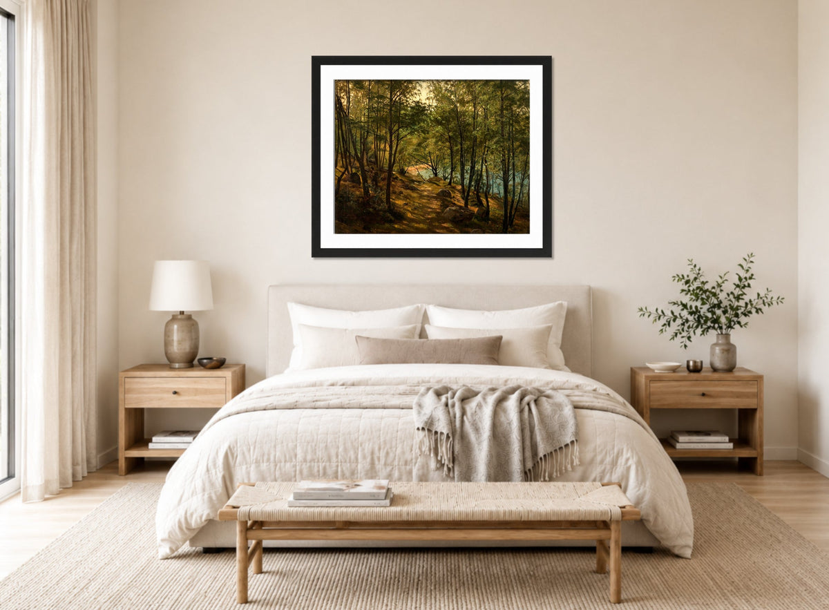 Amaldus Nielsen Print, Ulvegjelskogen, Mandal (1863) displayed above a bed