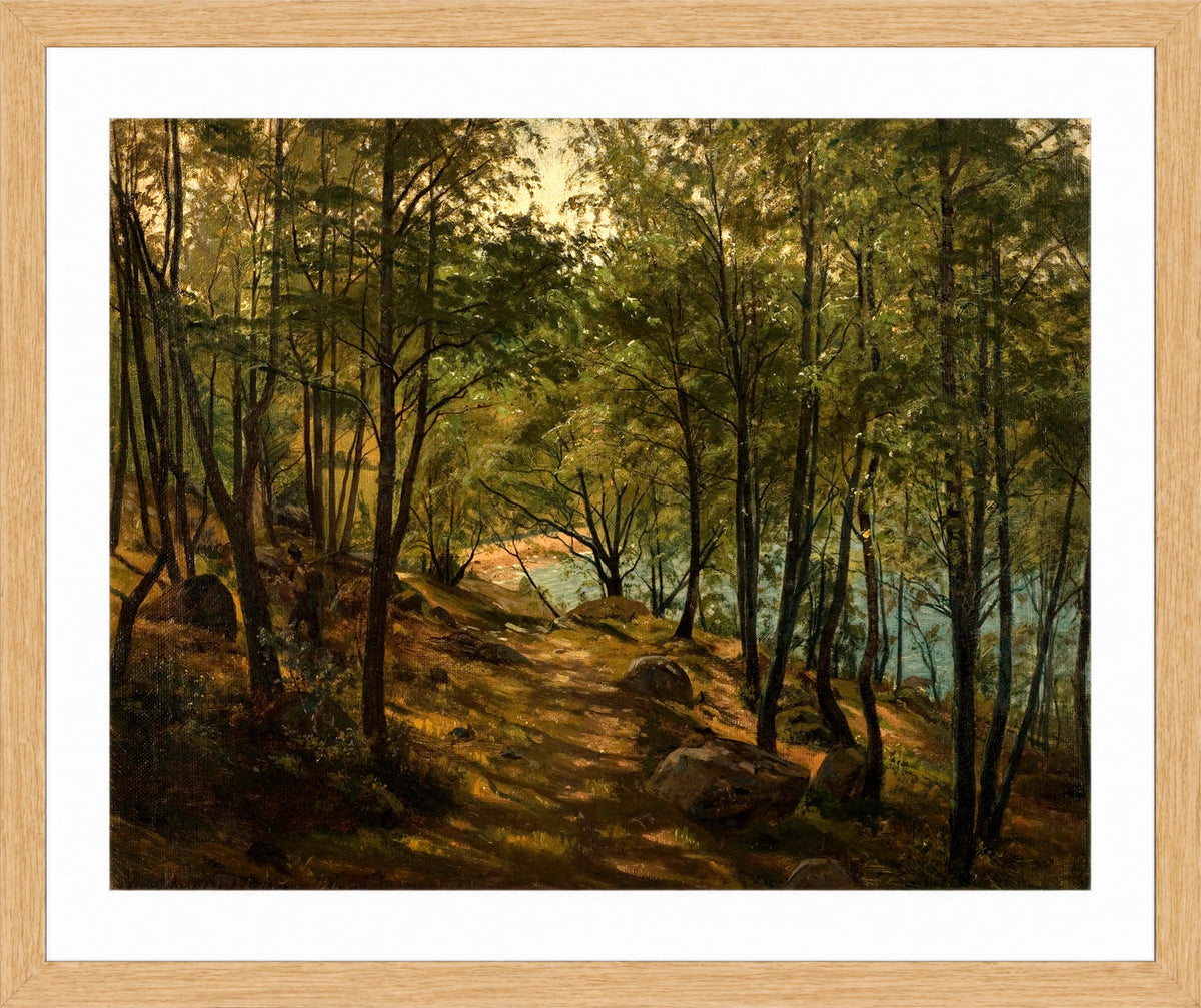 Amaldus Nielsen Print, Ulvegjelskogen, Mandal (1863) in a light oak frame