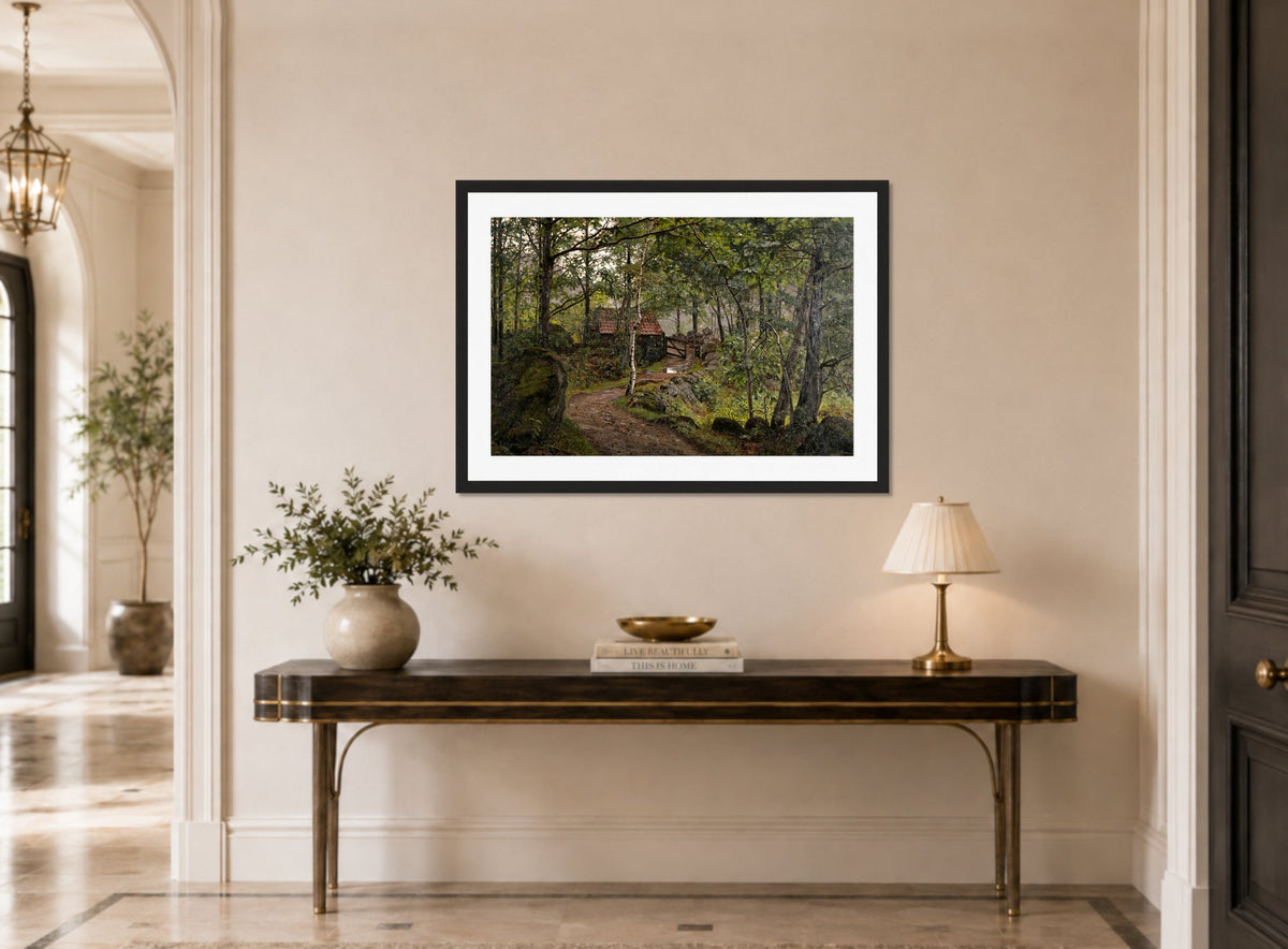Amaldus Nielsen Print, Under trærne, Hoven ved Mandal (1908) displayed above a console table