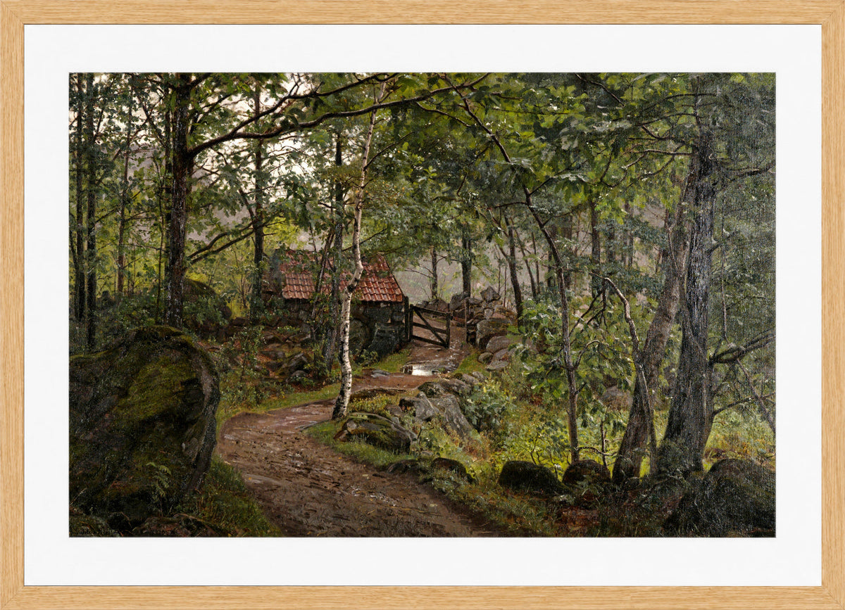 Amaldus Nielsen Print, Under trærne, Hoven ved Mandal (1908) in a light oak frame