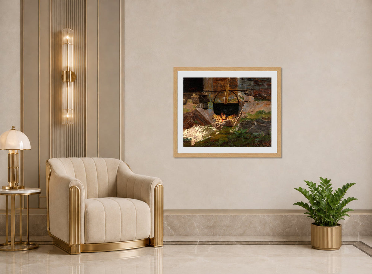 Amaldus Nielsen Print, Vaskegryte (1860) displayed in an Art Deco interior