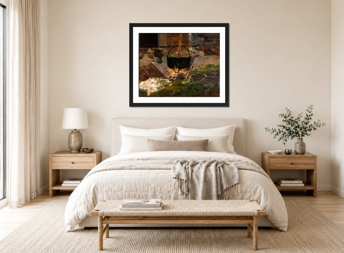 Amaldus Nielsen Print, Vaskegryte (1860) displayed above a bed