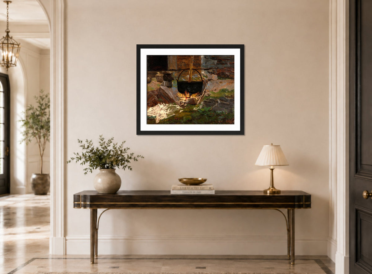 Amaldus Nielsen Print, Vaskegryte (1860) displayed above a console table