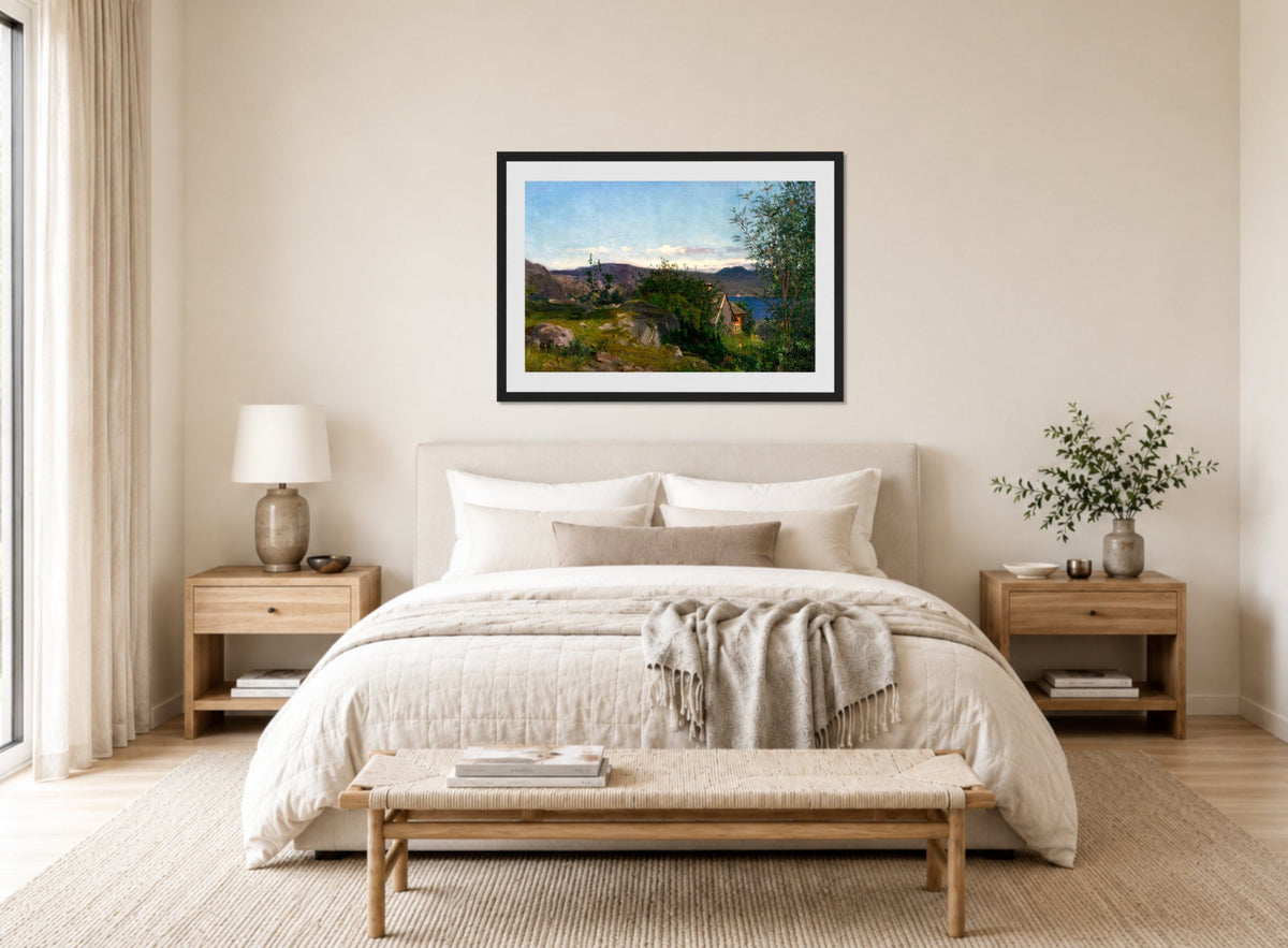 Amaldus Nielsen Print, Ved Gjermundshavn, Hardanger (1859) displayed above a bed