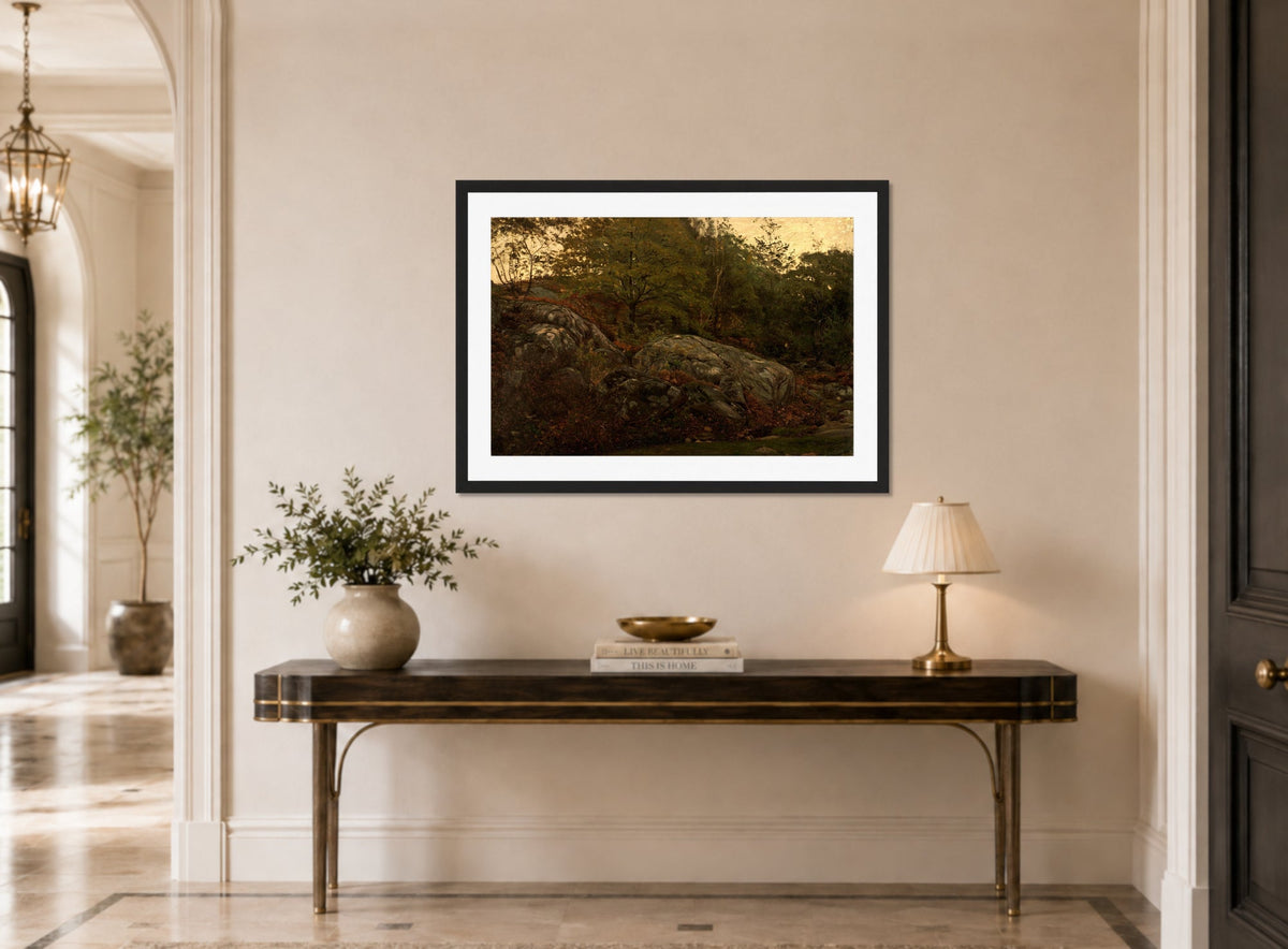 Amaldus Nielsen Print, Ved Mandal (1868) displayed above a console table
