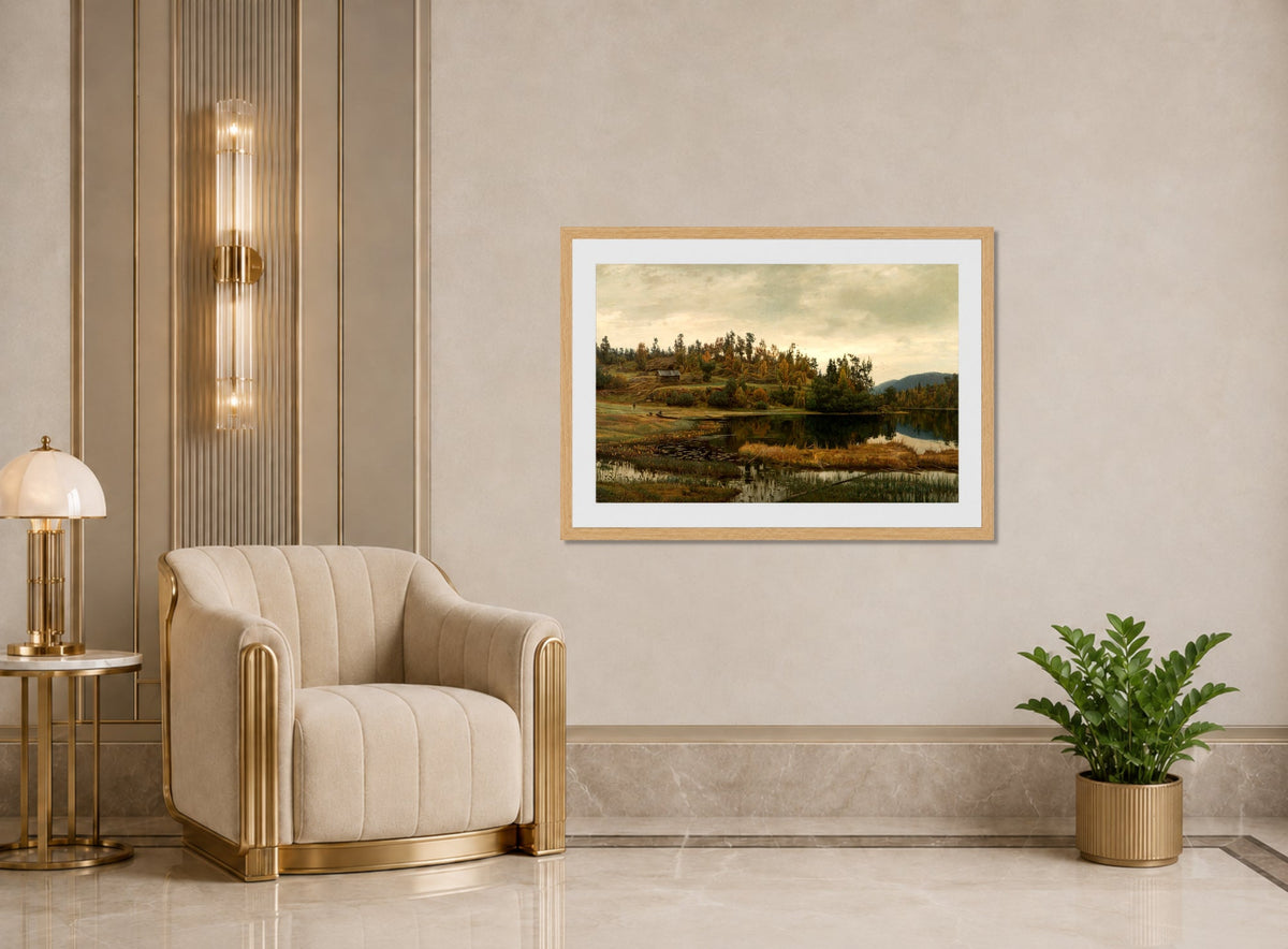 Amaldus Nielsen Print, Ved Oklungen, Porsgrund (1900) displayed in an Art Deco interior