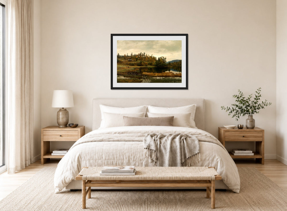 Amaldus Nielsen Print, Ved Oklungen, Porsgrund (1900) displayed above a bed