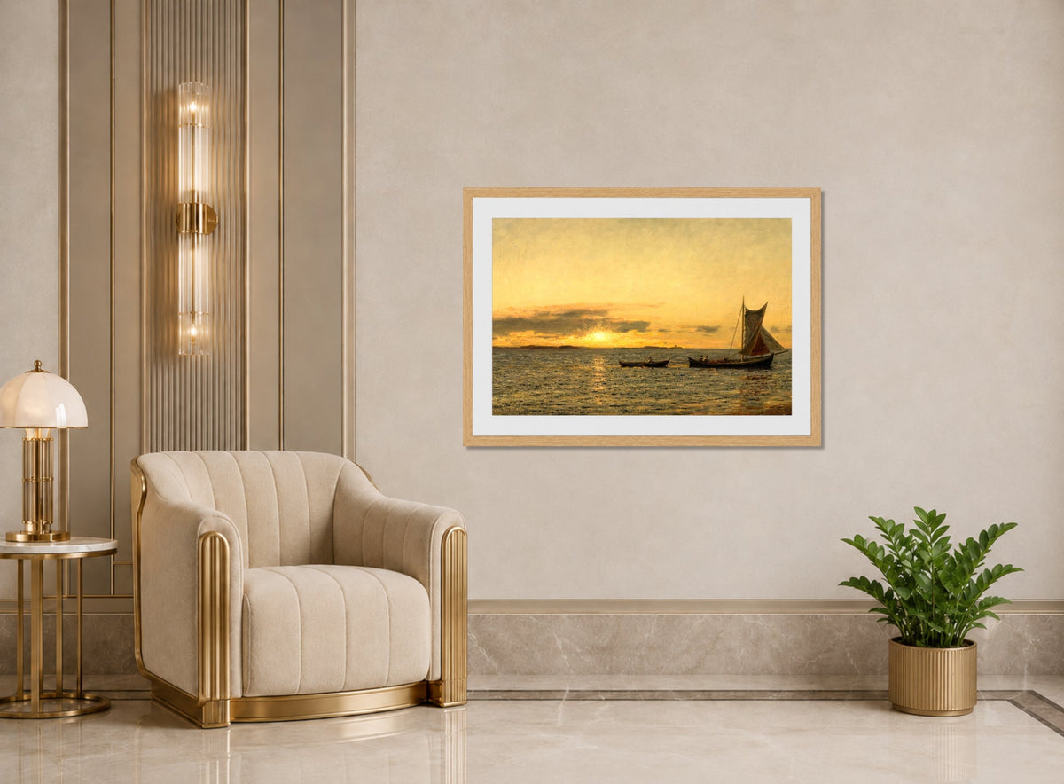 Amaldus Nielsen Print, Ved solnedgang (1916) displayed in an Art Deco interior