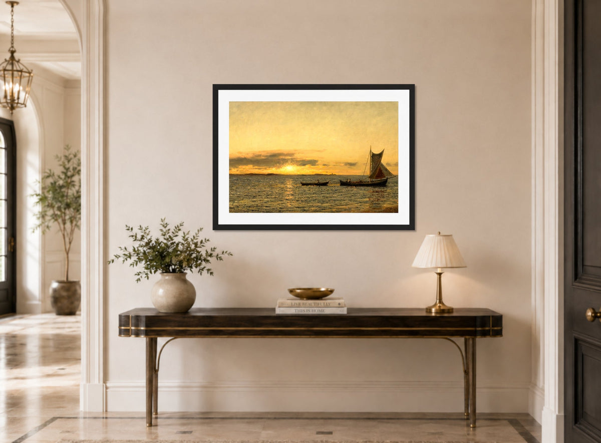 Amaldus Nielsen Print, Ved solnedgang (1916) displayed above a console table