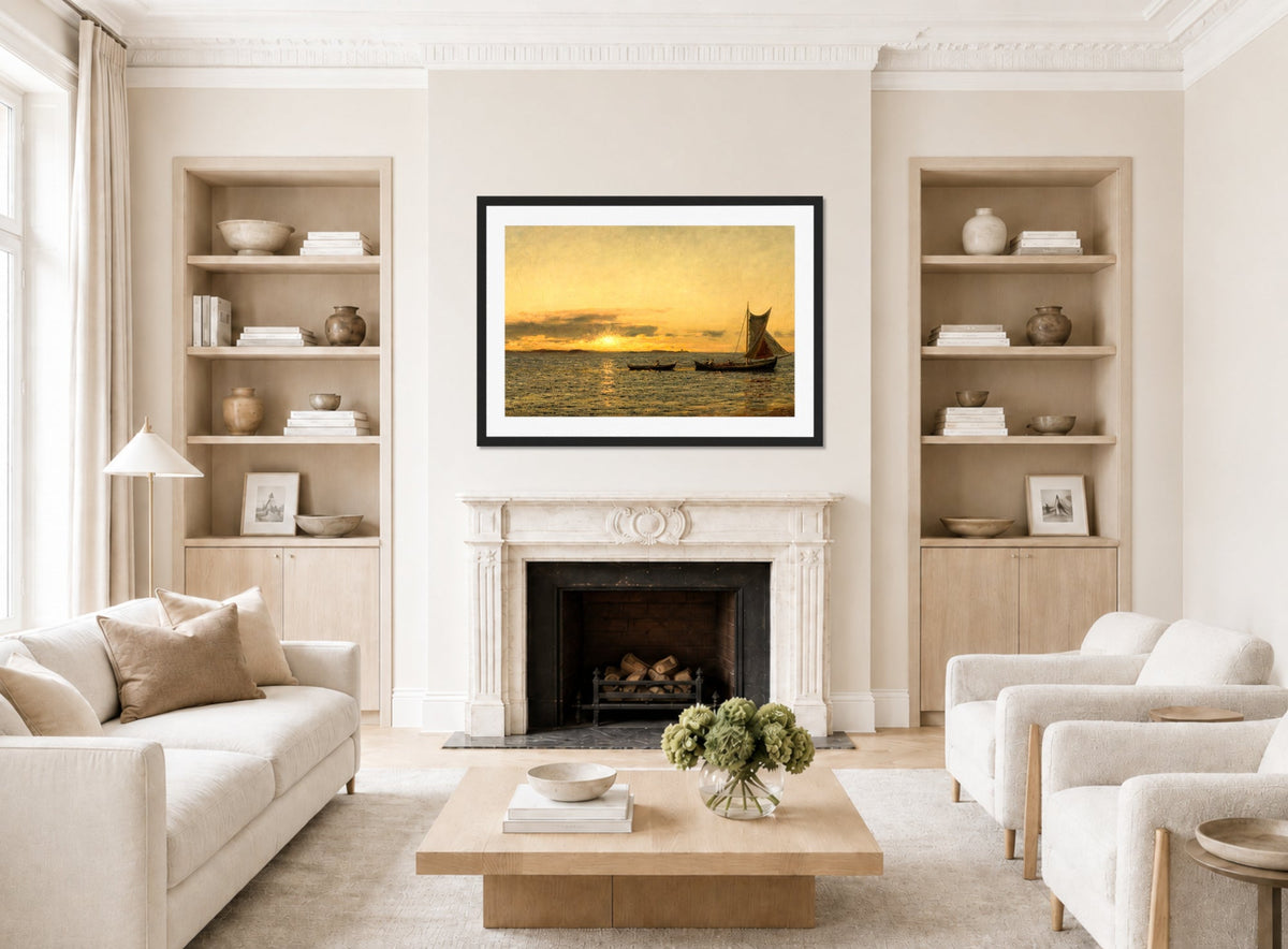 Amaldus Nielsen Print, Ved solnedgang (1916) displayed in a Scandinavian living room