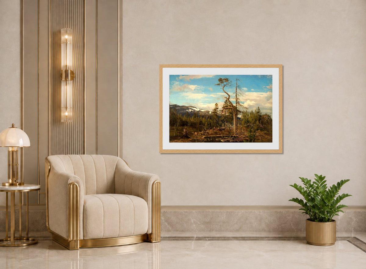 Amaldus Nielsen Print, Øverst i Setesdal (1864) displayed in an Art Deco interior