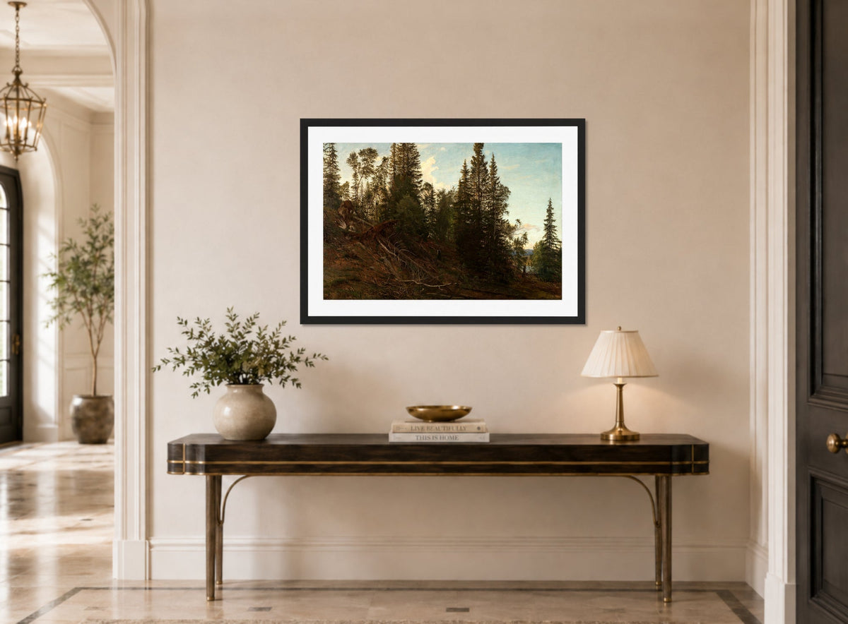 Amaldus Nielsen Print, Vingeråsheia, Telemark (1866) displayed above a console table