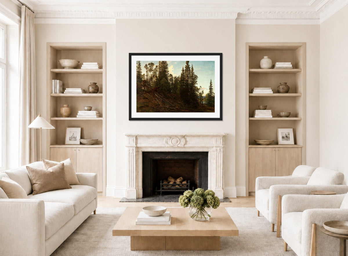 Amaldus Nielsen Print, Vingeråsheia, Telemark (1866) displayed in a Scandinavian living room