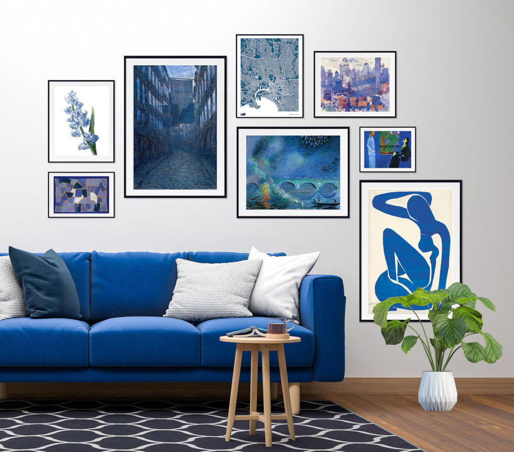 Living Room Classic Art Gallery Wall Set of 8 Cool Blue Framed Prints