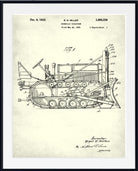 A framed vintage patent print of a bulldozer
