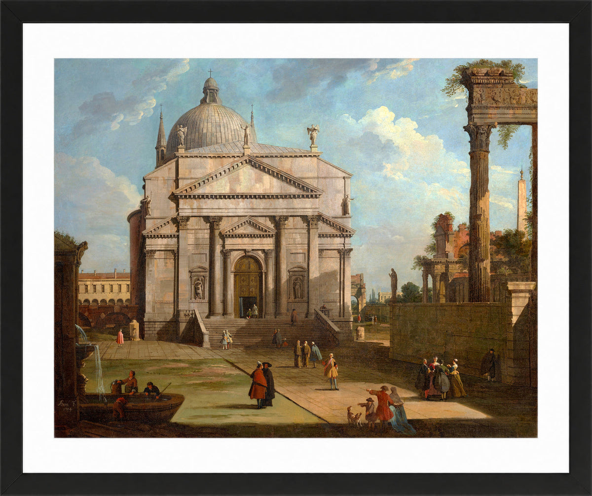 Canaletto Print, A capriccio with the church of the Redentore (1744) — black frame