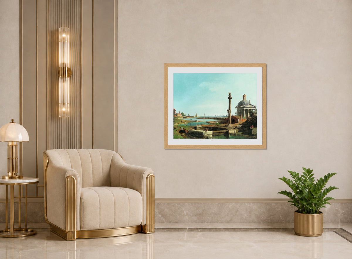 Canaletto Print, A Lock, a Column, and a Church beside a Lagoon — art deco roomset