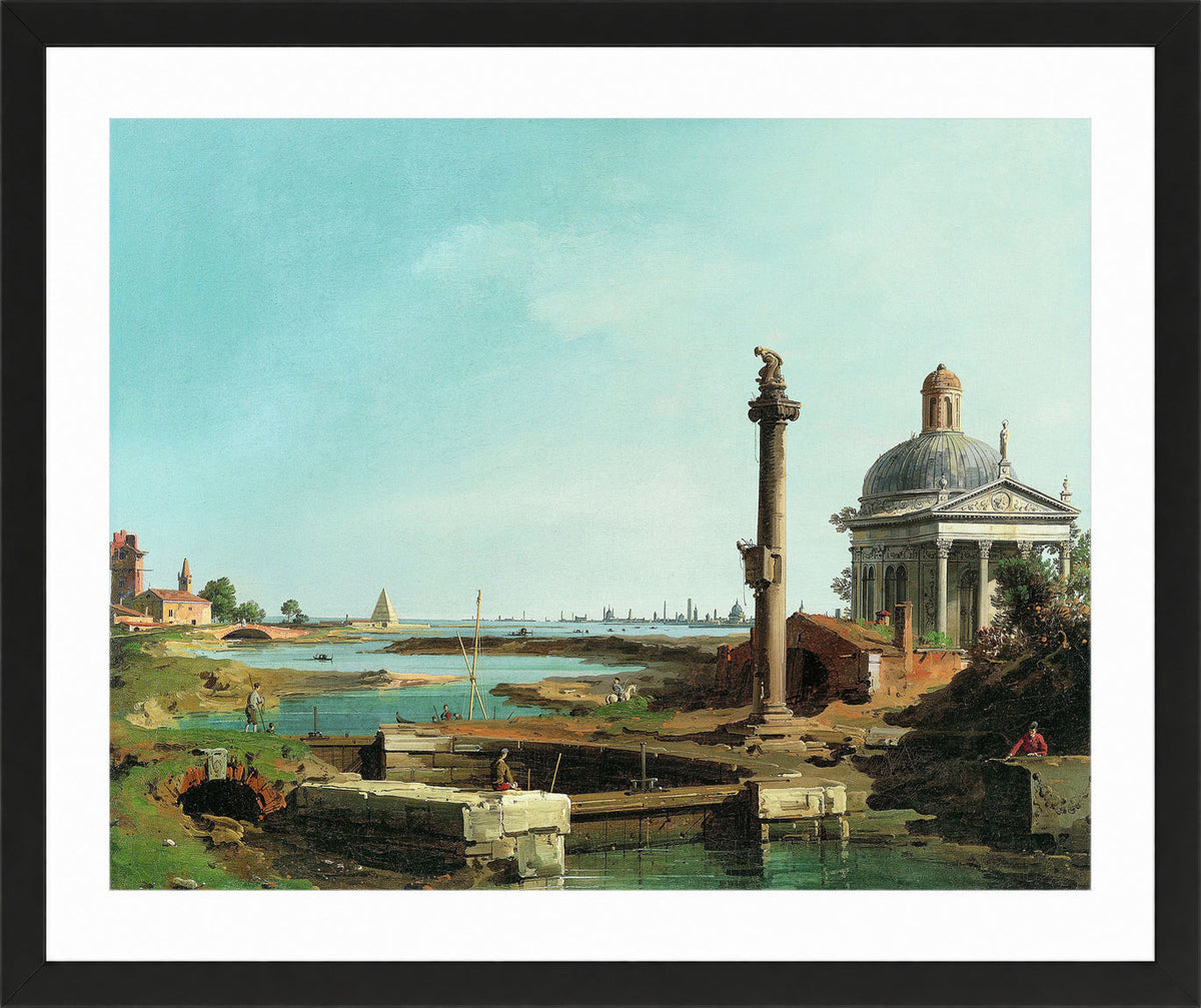Canaletto Print, A Lock, a Column, and a Church beside a Lagoon — black frame