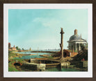 Canaletto Print, A Lock, a Column, and a Church beside a Lagoon — brown frame