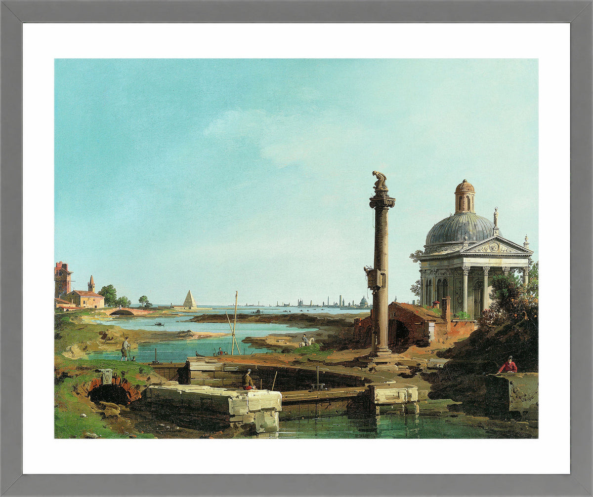 Canaletto Print, A Lock, a Column, and a Church beside a Lagoon — light grey frame