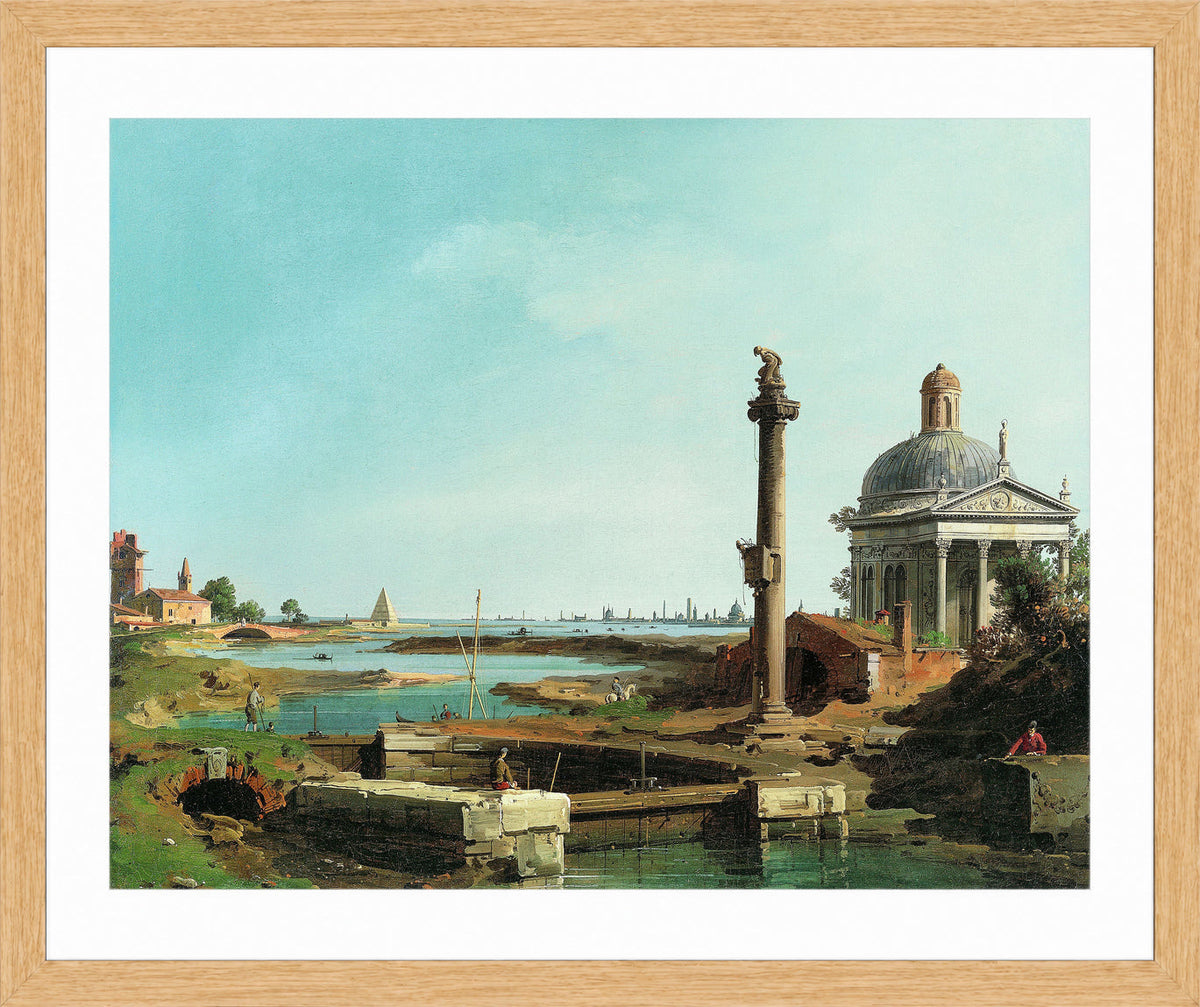 Canaletto Print, A Lock, a Column, and a Church beside a Lagoon — oak frame